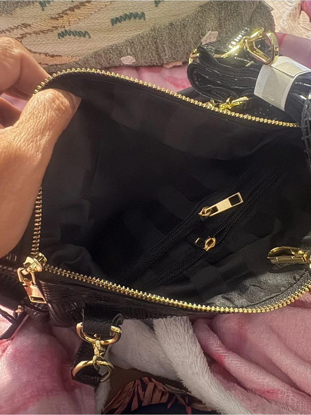 Black Sequin Patent Leather Satchel Handbag
